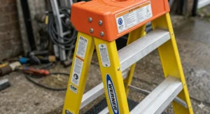 A Werner 7-tread swingback step ladder made of non-conductive yellow fibreglass for electrical safety in a British residential setting.