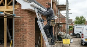 A professional British tradesman using a Werner multi-purpose ladder to install guttering and fascia boards on a red-brick house extension.