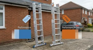 A side-by-side comparison of Werner and Youngman budget-friendly ladders with graphic overlays showing price-to-performance ratios for UK consumers.