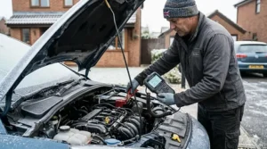 A photorealistic image showing a mechanic in a beanie hat performing a winter health check on a car battery with a handheld digital tester on a frosty domestic UK driveway, ensuring cold weather compatibility.