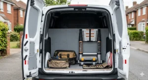 A Youngman telescopic ladder fully retracted for compact storage in the back of a white UK trade van alongside a DeWalt tool bag.