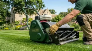 Adjusting the low height-of-cut settings on a cylinder mower to achieve a bowling-green style finish in a UK garden.