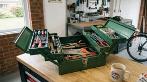 A budget-friendly cantilever tool box open to reveal spanners and screwdrivers for home DIY.