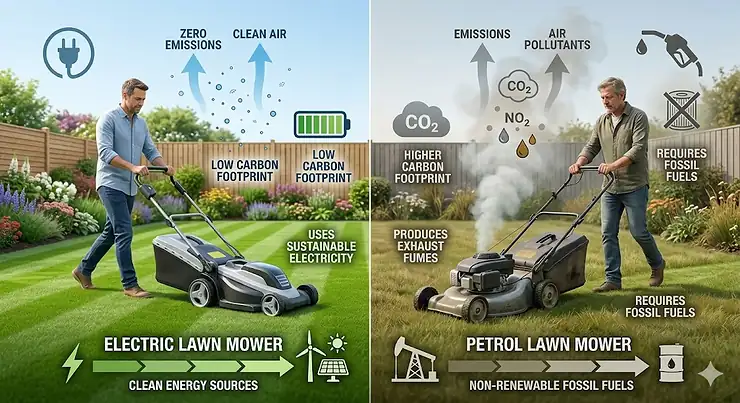 A cordless electric lawn mower being used by a homeowner in a lush, neatly-manicured suburban British garden during a sunny afternoon. electric lawn mower