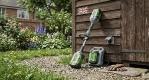 A lightweight cordless battery-powered strimmer leaning against a garden shed, ideal for small UK gardens.