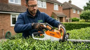 A close-up of a cordless hedge trimmer having its lithium-ion battery pack inserted, set against a suburban UK garden backdrop.