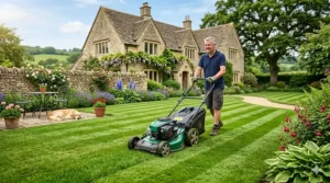 Close-up of a cordless battery lawn mower cutting lush green grass in a traditional British garden.
