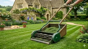 A traditional manual cylinder mower with a front grass collection box on a striped lawn.