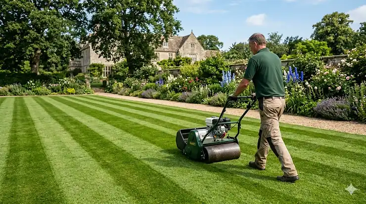 A petrol cylinder mower being used to create professional crisp green stripes on a large formal British back garden lawn. cylinder mower for stripes