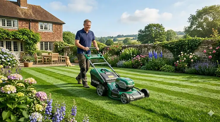 A man mows a large, perfectly striped British garden lawn using a cordless lawn mower on a sunny day. best lawn mower