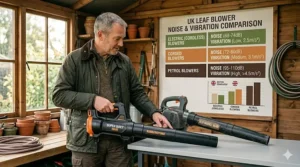 A photorealistic close-up of a person holding two leaf blowers compared alongside a detailed information chart in a British garden shed, listing decibel and vibration data for UK standards.