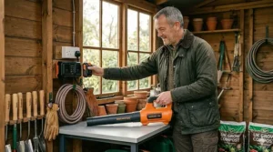A photorealistic close-up of a person storing handheld cordless leaf blowers on a wall-mounted charging station within a wooden UK garden shed, featuring a British-standard wall socket.