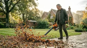 A 4K photorealistic photograph of a gardener using a leaf blower to clear a leaf pile from a stone path and sweeping lawn, showcasing extensive coverage and clearing efficiency in a UK garden.