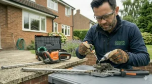 A person performing intricate maintenance on the gearbox and long-reach cutting assembly of a professional hedge trimmer.