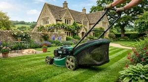A powerful petrol lawn mower being used to maintain a large garden lawn with a country house background.