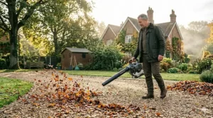 A high-resolution photo of a powerful petrol leaf blower in action on a large gravel driveway, demonstrating its ability to move large piles of wet leaves in a British garden setting.