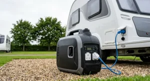 A compact, quiet portable generator placed next to a modern caravan at a British campsite.