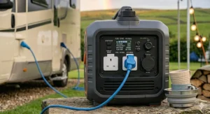 A heavy-duty portable generator powering a circular saw and work lights for a home renovation project in the UK.