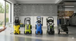 A photorealistic buying guide infographic comparing several best pressure washer models in a garage setting, featuring a technical data table for bar pressure, flow rate, and price in pounds sterling.