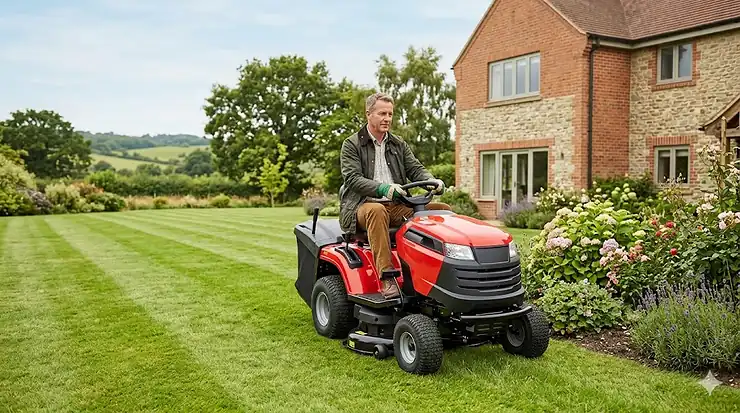 A high-quality petrol ride-on mower being used to cut a large lawn on a one-acre British country estate. ride on mower for 1 acre