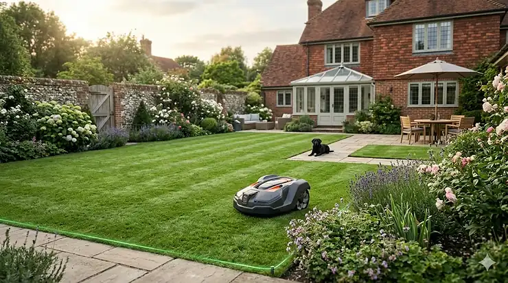 A top-rated robotic mower cutting a neat, striped lawn in a British back garden during summer. best robotic mower
