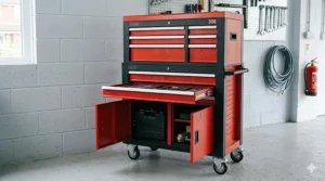 A large mobile tool chest with castor wheels and multiple drawers for workshop storage.