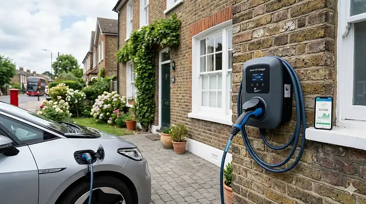 A sleek smart EV charger mounted on a brick wall next to an electric car charging on a residential British driveway. smart EV charger