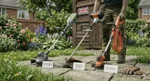 Three different types of grass strimmers lined up on a patio for a comparison review of the best models available in the UK.