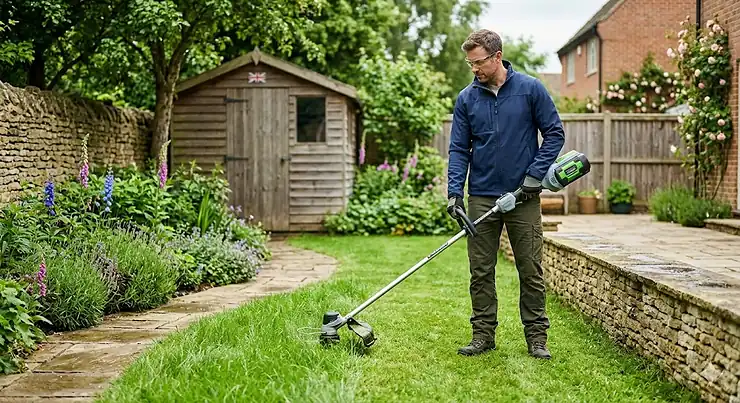A homeowner using the best strimmer to trim long grass against a wooden garden fence in a UK suburban garden. best strimmer
