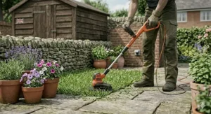 A compact corded electric grass trimmer being used to tidy a small patio garden in London.