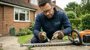 Detailed maintenance of a hedge trimmer being performed by cleaning and oiling the steel blades with a precision applicator.