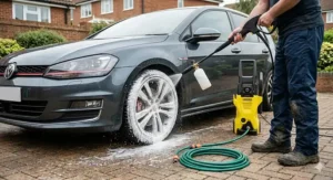 A photorealistic illustration of a compact pressure washer stored neatly on shelving in a British garage, including a storage guide for de-pressurising and coiling hoses correctly.