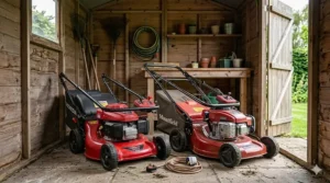 Illustration of a Honda Izy and Mountfield mower with handles folded down for storage in a standard UK garden shed.