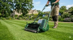 A modern cordless battery-powered cylinder mower creating stripes on a domestic lawn without the need for petrol.