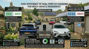 Graphic showing the reduced installation costs of one dual-port EV charger compared to installing two separate units for two parking bays.