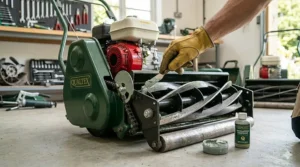 Performing backlapping maintenance on a cylinder mower to keep the blades sharp for the best possible lawn stripes.