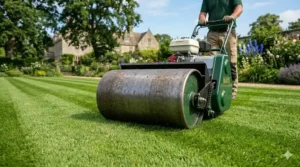 Close-up of a heavy steel rear roller on a cylinder mower, essential for flattening grass blades to create lasting lawn stripes.