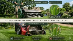 Comparison showing the superior definition of lawn stripes achieved with a cylinder mower versus a standard rotary lawnmower.