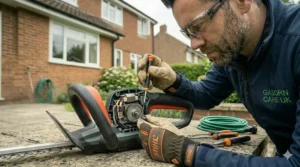 A technical view of a hedge trimmer's internal gears and dual-action blades being adjusted with a screwdriver during a routine service.