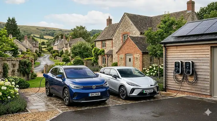 A wall-mounted dual-socket EV charger installed on a brick driveway in the UK, charging two electric cars simultaneously. EV charger for dual parking