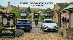 A diagram showing how a dual EV charger intelligently splits power between two vehicles to prevent tripping the home's main fuse.