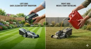 An infographic comparing the zero-emission benefits of an electric lawn mower versus a traditional petrol mower.