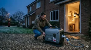 A compact inverter generator positioned safely on a driveway providing emergency backup power to a brick-built British semi-detached house during a winter evening power cut.