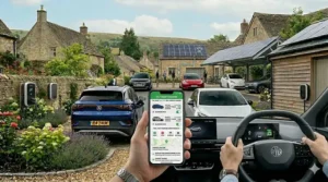 A hand holding a smartphone showing an app interface managing two separate charging sessions on one dual EV charger.