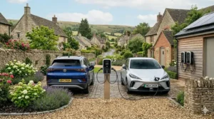 Illustration of a single pedestal EV charger positioned between two parking spaces on a shared gravel driveway.