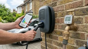 Illustration of dynamic load balancing preventing a smart EV charger from overloading a British home's electrical circuit.