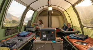 Multiple devices including a child's portable gaming console and a lantern charging from a solar generator inside a large family tent.