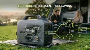 A photorealistic infographic showing a cross-section of a generator engine with a digital overlay explaining how Eco Mode saves petrol by adjusting engine speed to the power load.