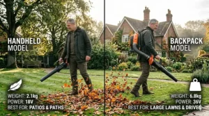A side-by-side comparison of a lightweight handheld leaf blower and a more powerful backpack leaf blower in a British garden setting, illustrating different tools for varying tasks.