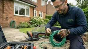 A gardener neatly coiling an extension lead next to essential safety equipment, including protective eyewear and heavy-duty work gloves.